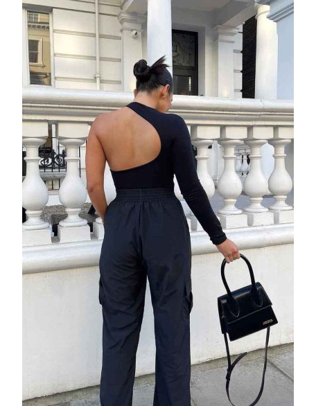 One Sleeve Asymmetric Bodysuit Black