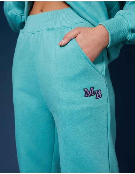 Seam Front Straight Leg Embroidered Joggers Aqua