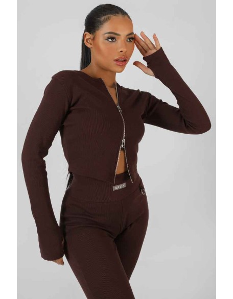 Double Ended Zip Kaiia Sport Top Chocolate