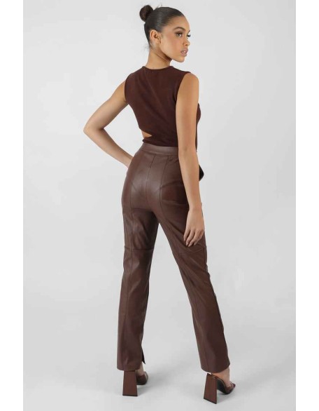 Pu Seam Front Split Detail Trousers Chocolate
