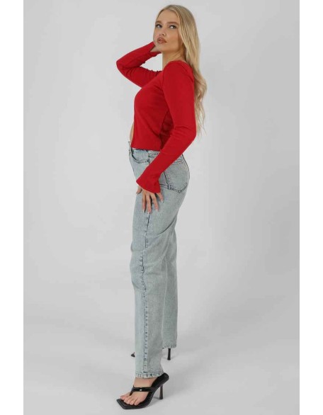 Kaiia Trim Ribbed Top Red