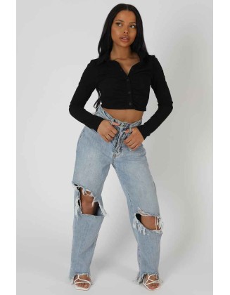 Button Front Ruched Top Black