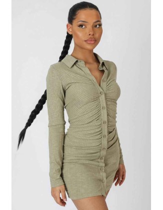 Button Front Ruched Dress Khaki
