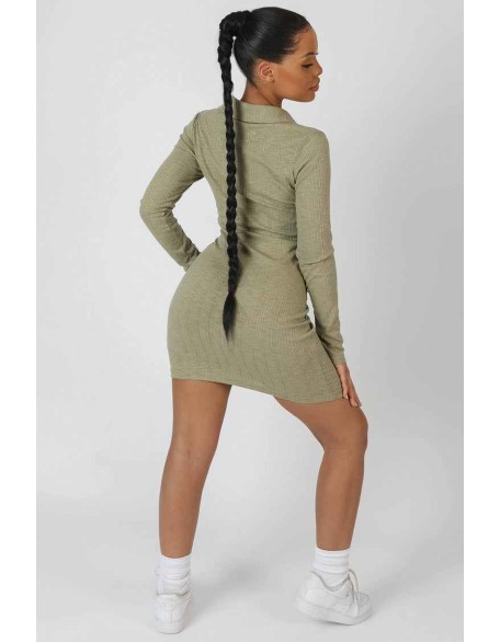 Button Front Ruched Dress Khaki