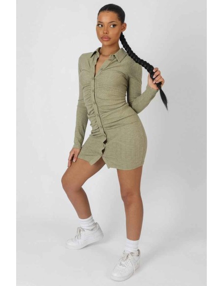 Button Front Ruched Dress Khaki