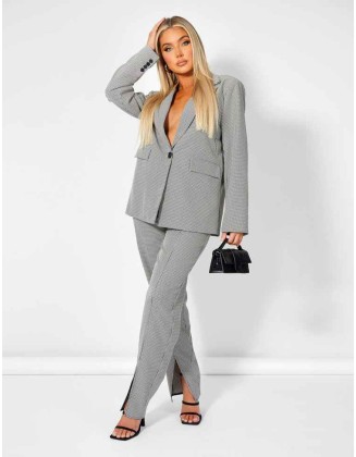 Houndstooth Straight Leg Split Hem Trousers