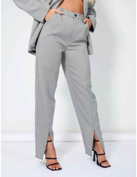 Houndstooth Straight Leg Split Hem Trousers