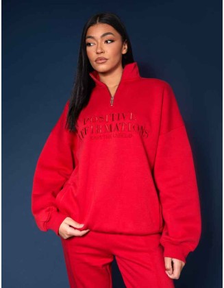 Half Zip Pullover Tonal Embroidered Sweatshirt Red