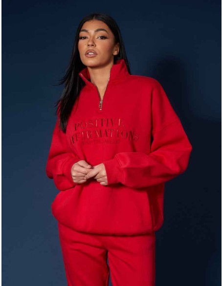 Half Zip Pullover Tonal Embroidered Sweatshirt Red