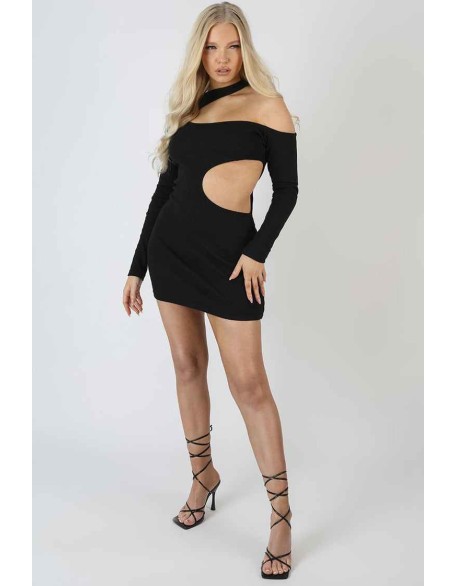 Cut Out Detail Ribbed Dress Black