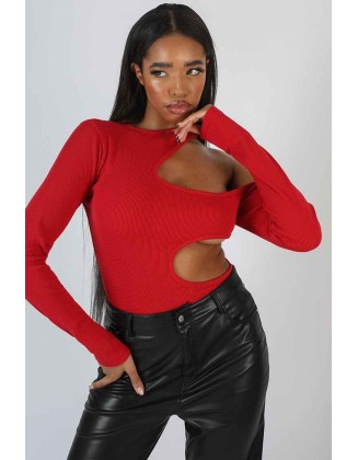 Cut Out Detail Ribbed Bodysuit Red