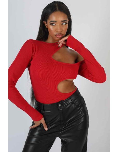 Cut Out Detail Ribbed Bodysuit Red