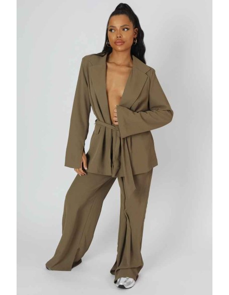 Split Hem Wide Leg Tailored Trousers Khaki