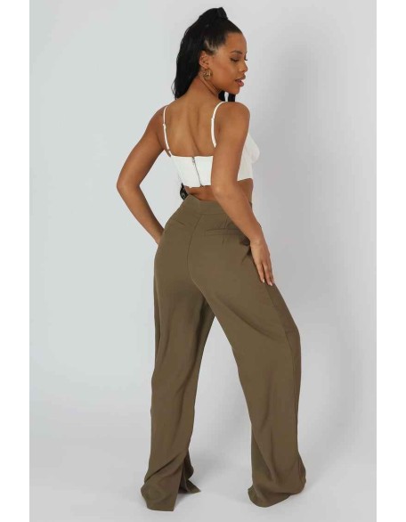 Split Hem Wide Leg Tailored Trousers Khaki