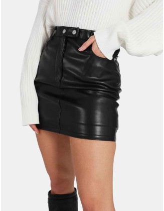 Button Waist Pu Mini Skirt Black