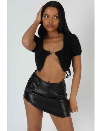 Kaiia Trim Fluffy Knit Top Black