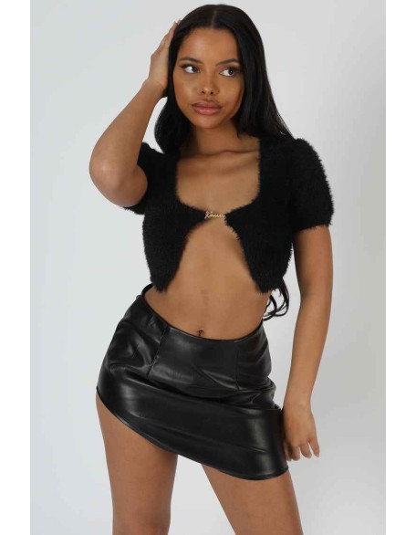 Kaiia Trim Fluffy Knit Top Black