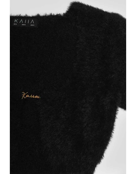 Kaiia Trim Fluffy Knit Top Black