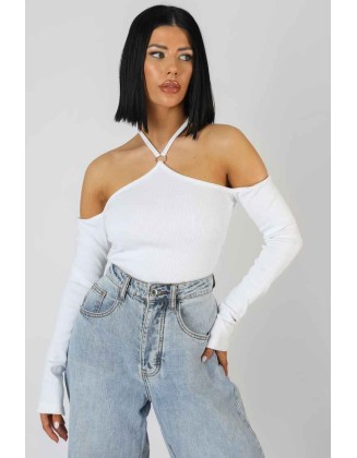 Halterneck Ring Detail Bodysuit Ecru