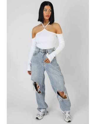 Halterneck Ring Detail Bodysuit Ecru