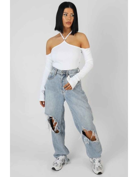 Halterneck Ring Detail Bodysuit Ecru