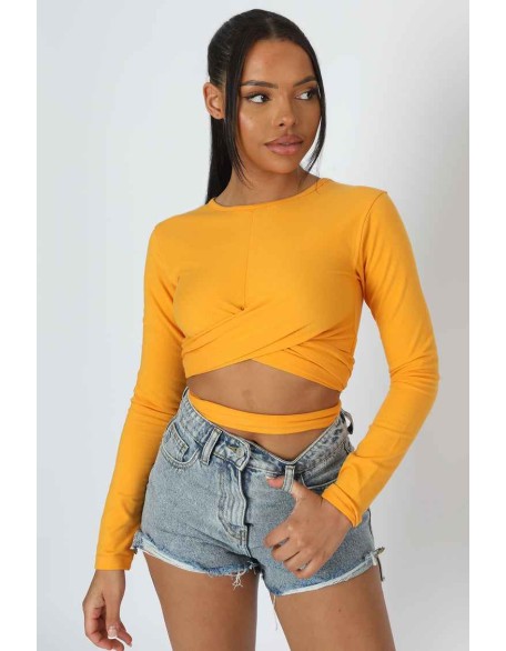 Long Sleeve Wrap Waist Crop Top Mango