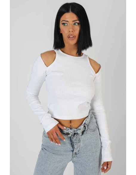 Cut Out Shoulder Top Ecru