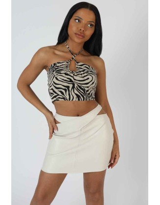 Zebra Print Stappy U Trim Crop Top Stone
