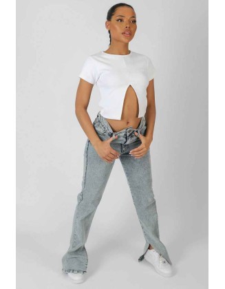 Split Front Ribbed T-Shirt White