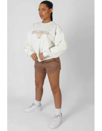 Embroidered Curved Hem Runner Short Tan