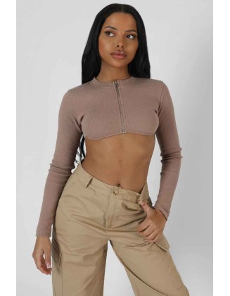 Zip Through Underbust Ribbed Top Sand