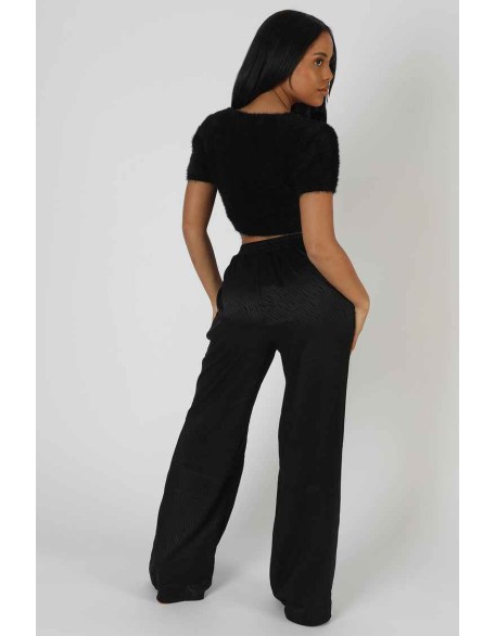 Satin Zebra Print Wide Leg Trousers Black