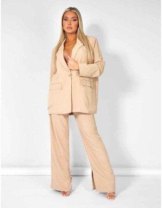 Split Detail High Waisted Dad Trouser Sand
