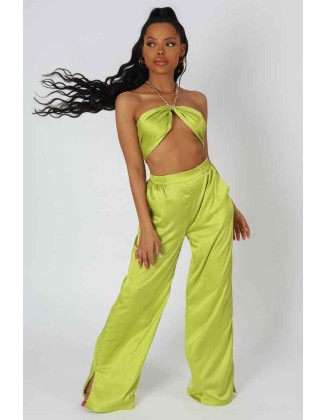 Wide Leg Satin Trousers Lime