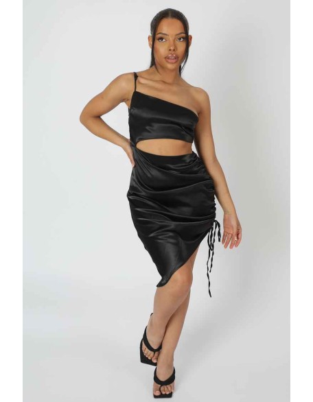 Asymmetric Cut Out Ruched Satin Midi Dress Black