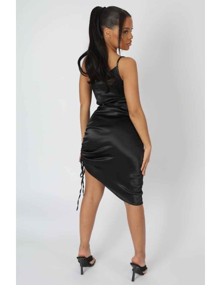 Asymmetric Cut Out Ruched Satin Midi Dress Black
