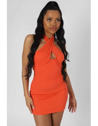 Wrap Halterneck Mini Dress Orange