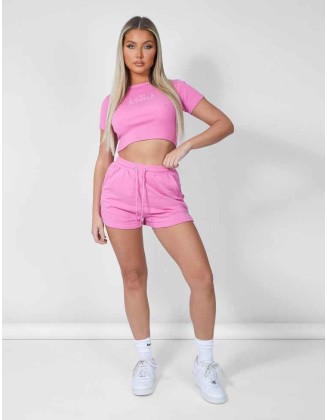 Tonal Embroidery Angel Number High Waisted Runner Shorts Pink