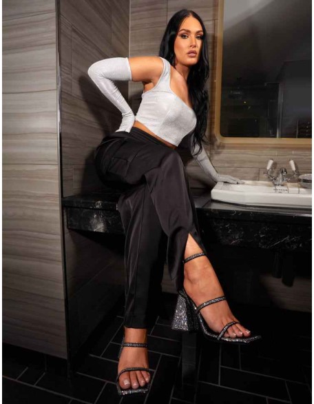 Split Hem Satin Elasticated Waist Wide Leg Cargo Trousers Black