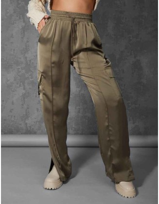 Split Hem Satin Elasticated Waist Wide Leg Cargo Trousers Khaki