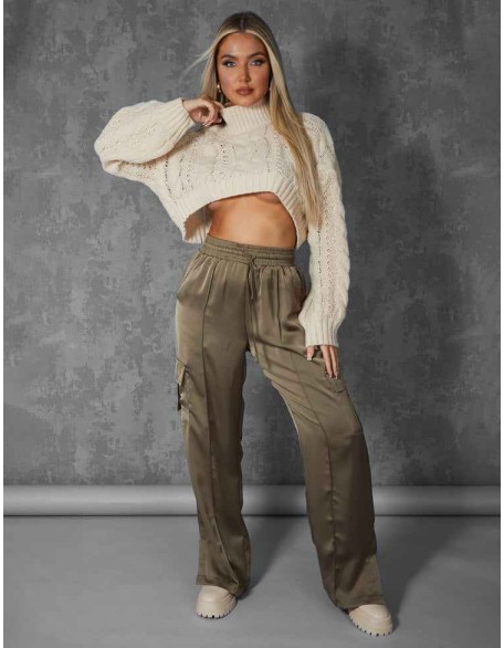 Split Hem Satin Elasticated Waist Wide Leg Cargo Trousers Khaki