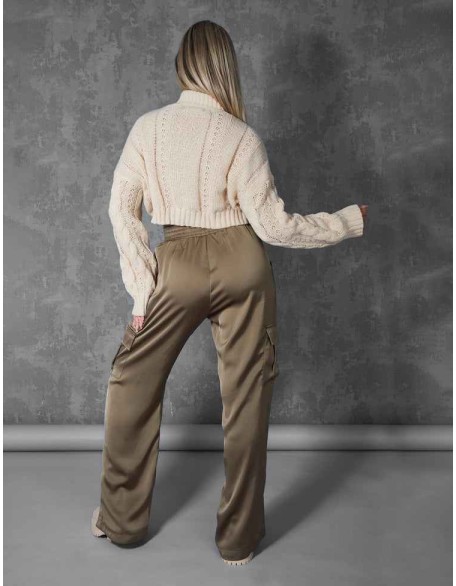Split Hem Satin Elasticated Waist Wide Leg Cargo Trousers Khaki