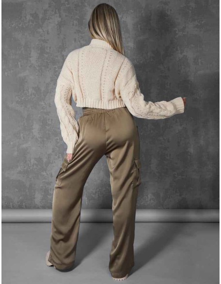 Split Hem Satin Elasticated Waist Wide Leg Cargo Trousers Khaki