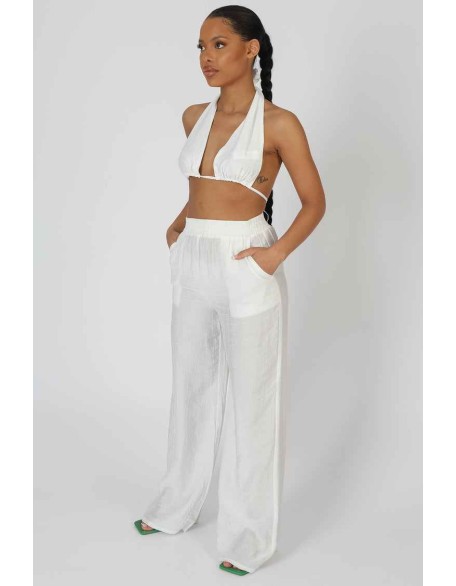 Crinkle Elasticated Waist Wide Leg Trousers White