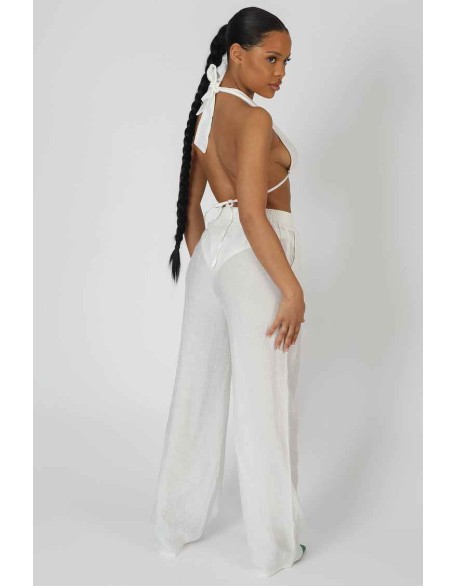 Crinkle Elasticated Waist Wide Leg Trousers White