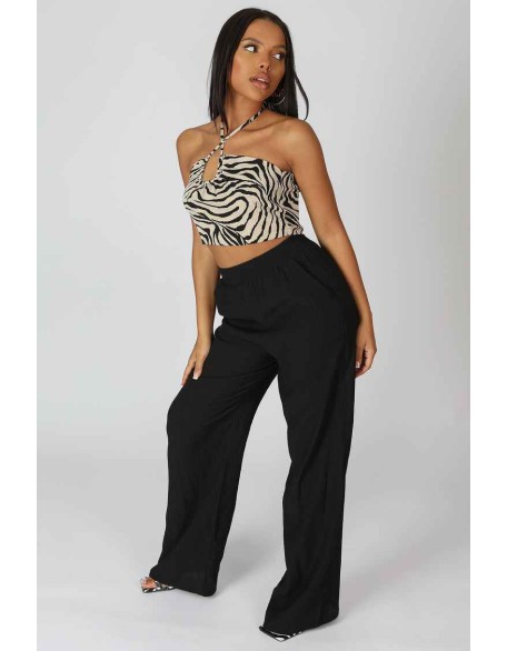 Crinkle Elasticated Waist Wide Leg Trousers Black