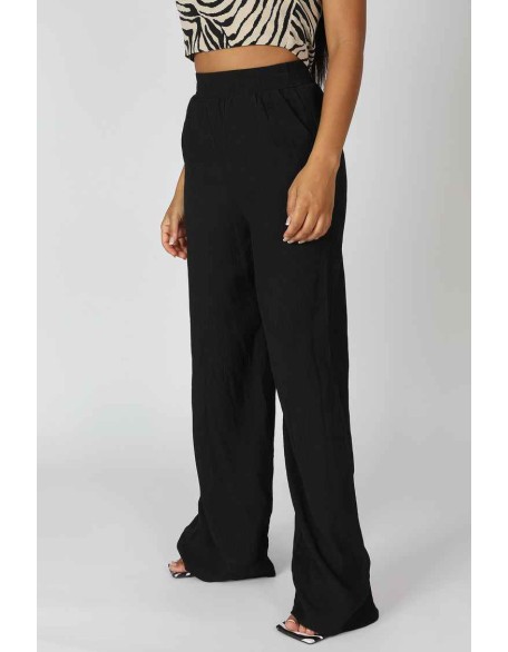Crinkle Elasticated Waist Wide Leg Trousers Black