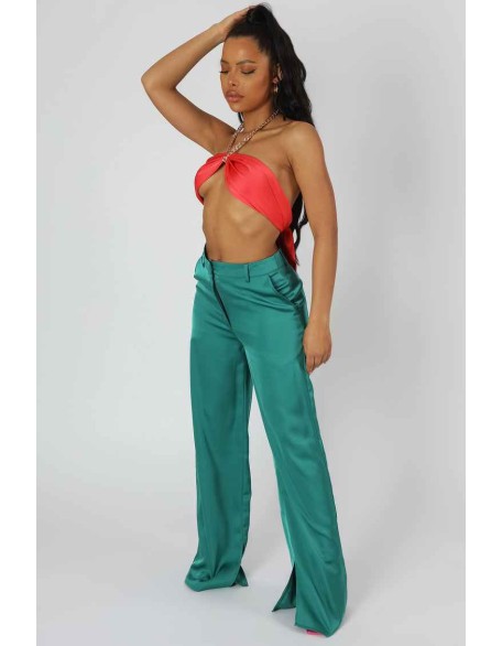 Satin Chain Halterneck Top Coral