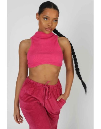 High Neck Underbust Ribbed Crop Top Pink