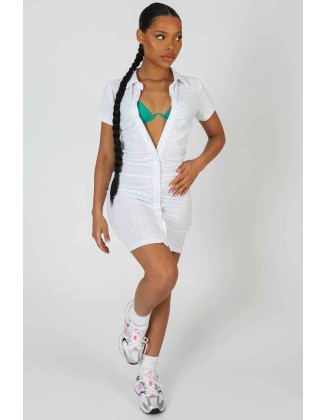 Button Front Ruched Dress White
